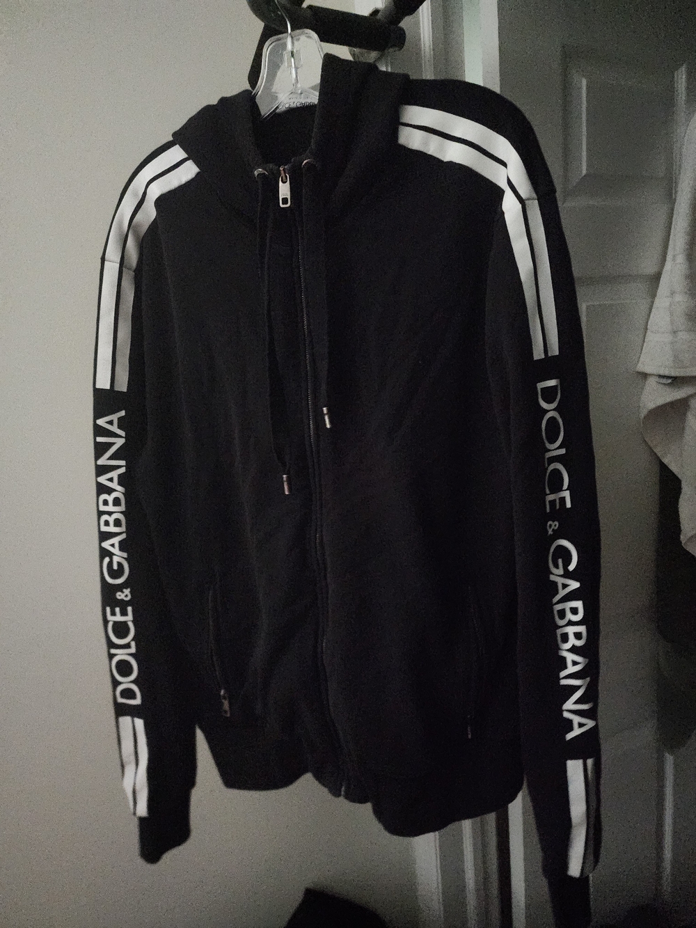 Dolce & Gabbana THICK Black Zip Hoodie with White Sleeve Logos. M-L